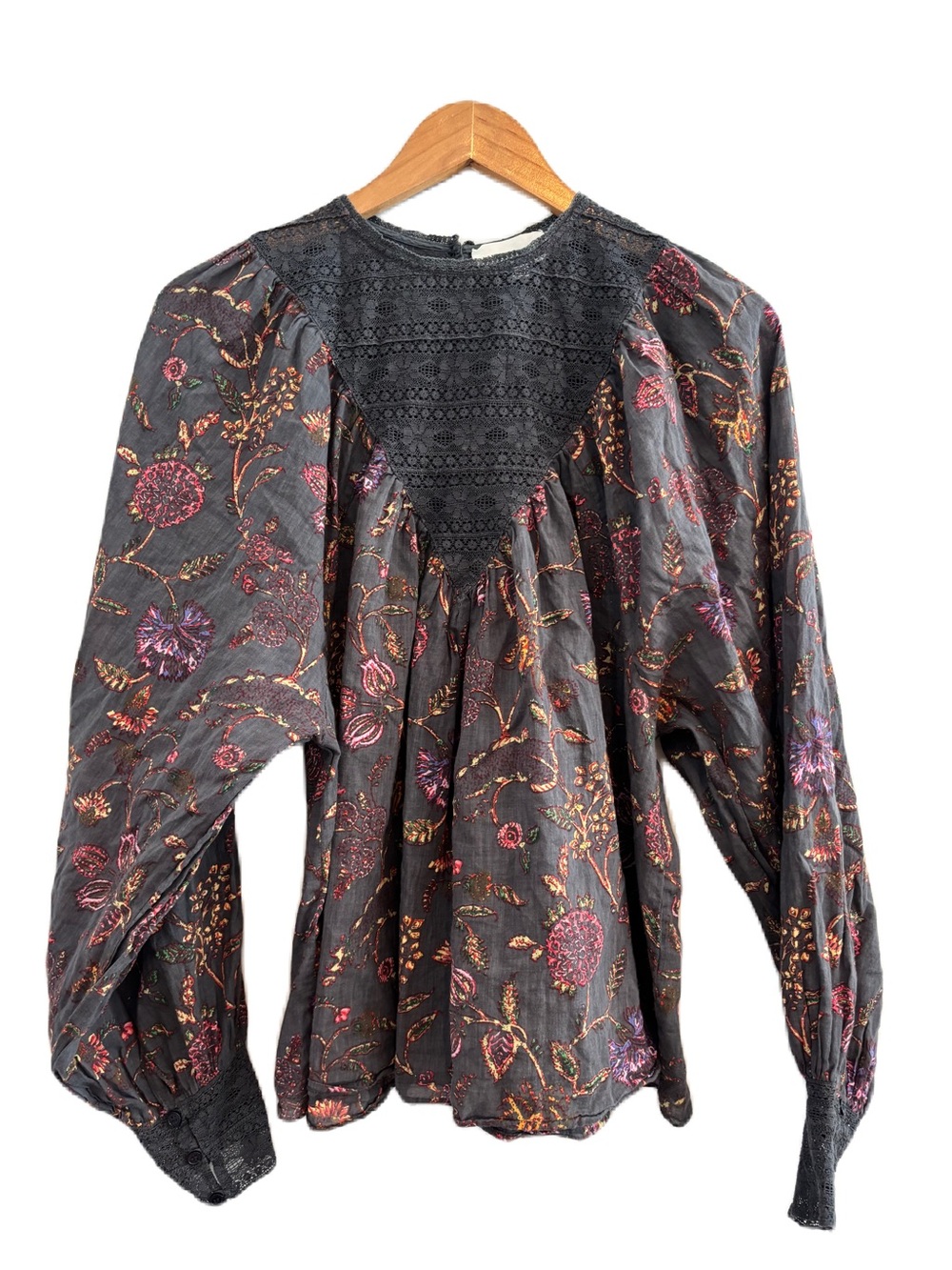 Antik Batik Floral Alina Lace-Yoke Batwing Blouse Size L